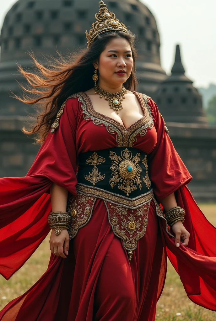1girl, huge breast, black hair, green eyes,high quality, ultra detailed, masterpiece, realistic, gamis clothes,braid,standing, slightly fat arms , slightly fat belly