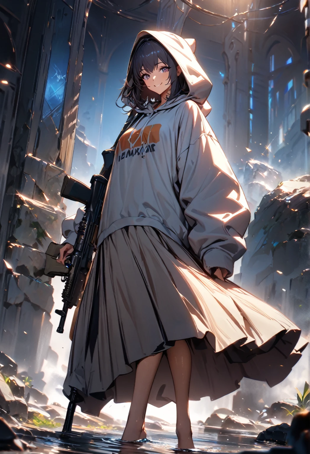 (masterpiece:1.2,  best quality), ( high definition),    1 girl  , Long legs,   oversized hoodie,  Long Skirt、 standing, smile, Volumetric Lighting, Best Shadow,  shallow depth of field, (  best quality , Amazing Details:1.25),  has a rifle