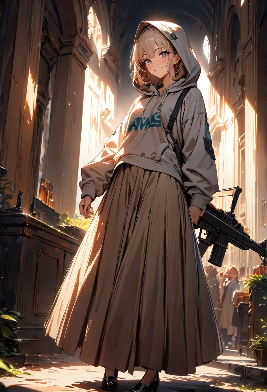 (masterpiece:1.2,  best quality), ( high definition),    1 girl  , Long legs,   hoodies ,  Long Skirt、 standing, smile, Volumetric Lighting, Best Shadow,  shallow depth of field, (  best quality , Amazing Details:1.25),  has a rifle