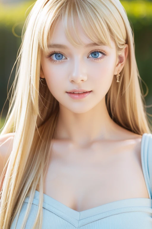 A beautiful blonde with a baby face、1 Girl, Age 19, Solo, Super long straight hair,  huge boobs from afar, Bright expression、 looking at a viewer , (( glossy bright silky blond hair ))、 very beautiful eyes and tousled bangs between nose and eyes 、Very white and shiny skin、Radiant Skin、Gloss Face、 Cheek Gloss Highlights 、Small Face Beauty、Bare shoulders,  jewelry, Full body, ( very detailed 8k wallpaper ),  soft lighting,  high quality, Film Grain,  Fujifilm XT3 Sharp Focus , F 5.6,  high detail,  Tits Sharp Focus ,(Natural light), (Close up:1.2), ( Enchanting Breasts ),  OFF SHOULDER T-SHIRT, Realism,  sexy、 she has beautiful big bright pale blue eyes 、 eyeliner 、Young face、round face、