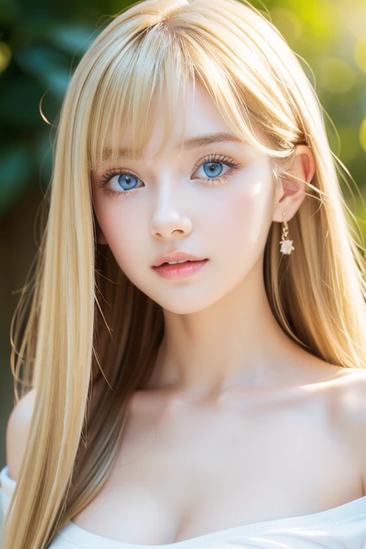 A beautiful blonde with a baby face、1 Girl, Age 19, Solo, Super long straight hair,  huge boobs from afar, Bright expression、 looking at a viewer , (( glossy bright silky blond hair ))、 very beautiful eyes and tousled bangs between nose and eyes 、Very white and shiny skin、Radiant Skin、Gloss Face、 Cheek Gloss Highlights 、Small Face Beauty、Bare shoulders,  jewelry, Full body, ( very detailed 8k wallpaper ),  soft lighting,  high quality, Film Grain,  Fujifilm XT3 Sharp Focus , F 5.6,  high detail,  Tits Sharp Focus ,(Natural light), (Close up:1.2), ( Enchanting Breasts ),  OFF SHOULDER T-SHIRT, Realism,  sexy、 she has beautiful big bright pale blue eyes 、 eyeliner 、Young face、round face、