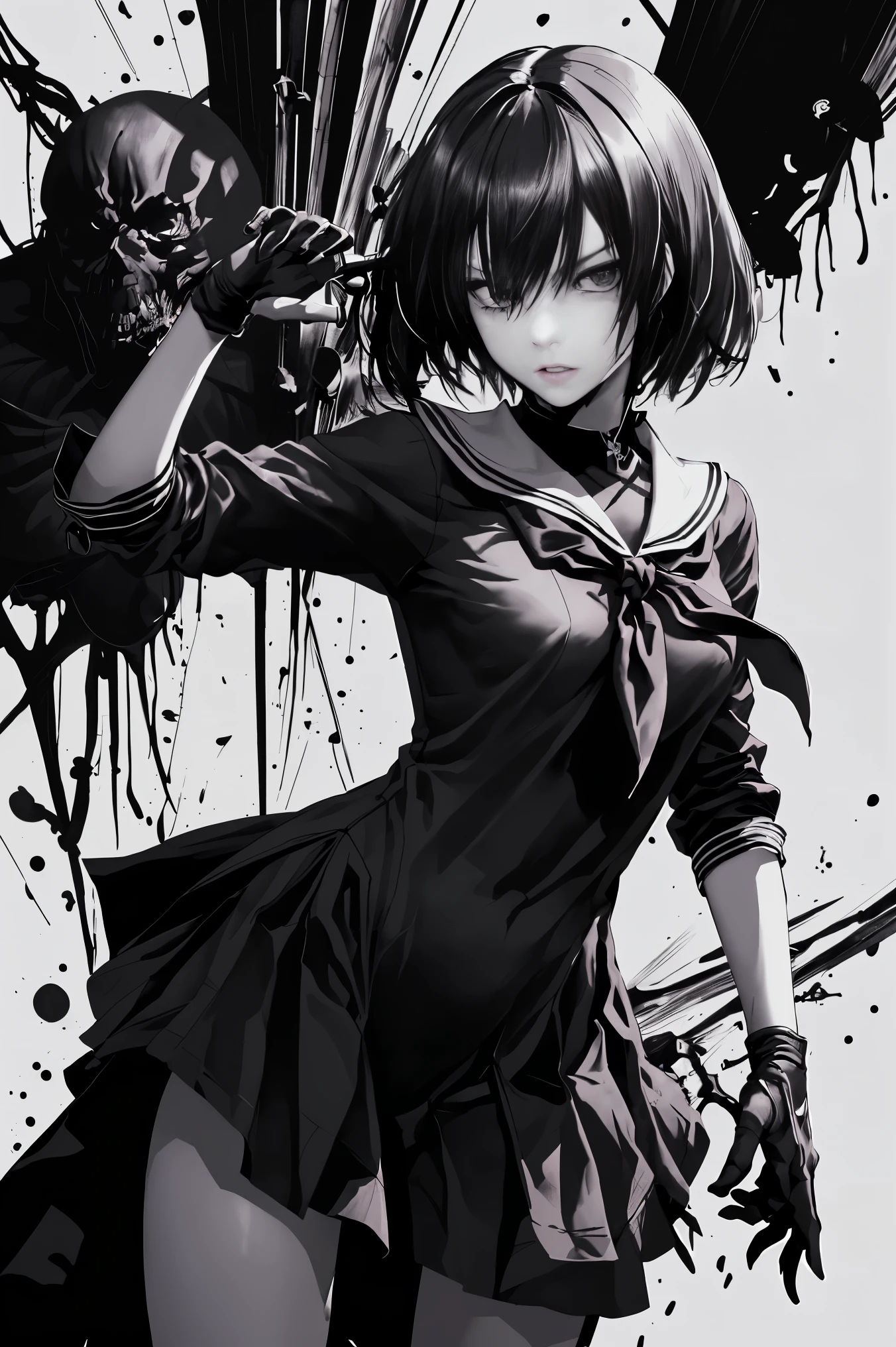 v5lcn style,Ink Art,(highest quality,Tabletop:1.2),(Black and white comic core:1.1),(extremely high contrast),Dark ink,One Girl,Black-haired,Shadow on face、8k,solve,high school girl,Sailor suit,