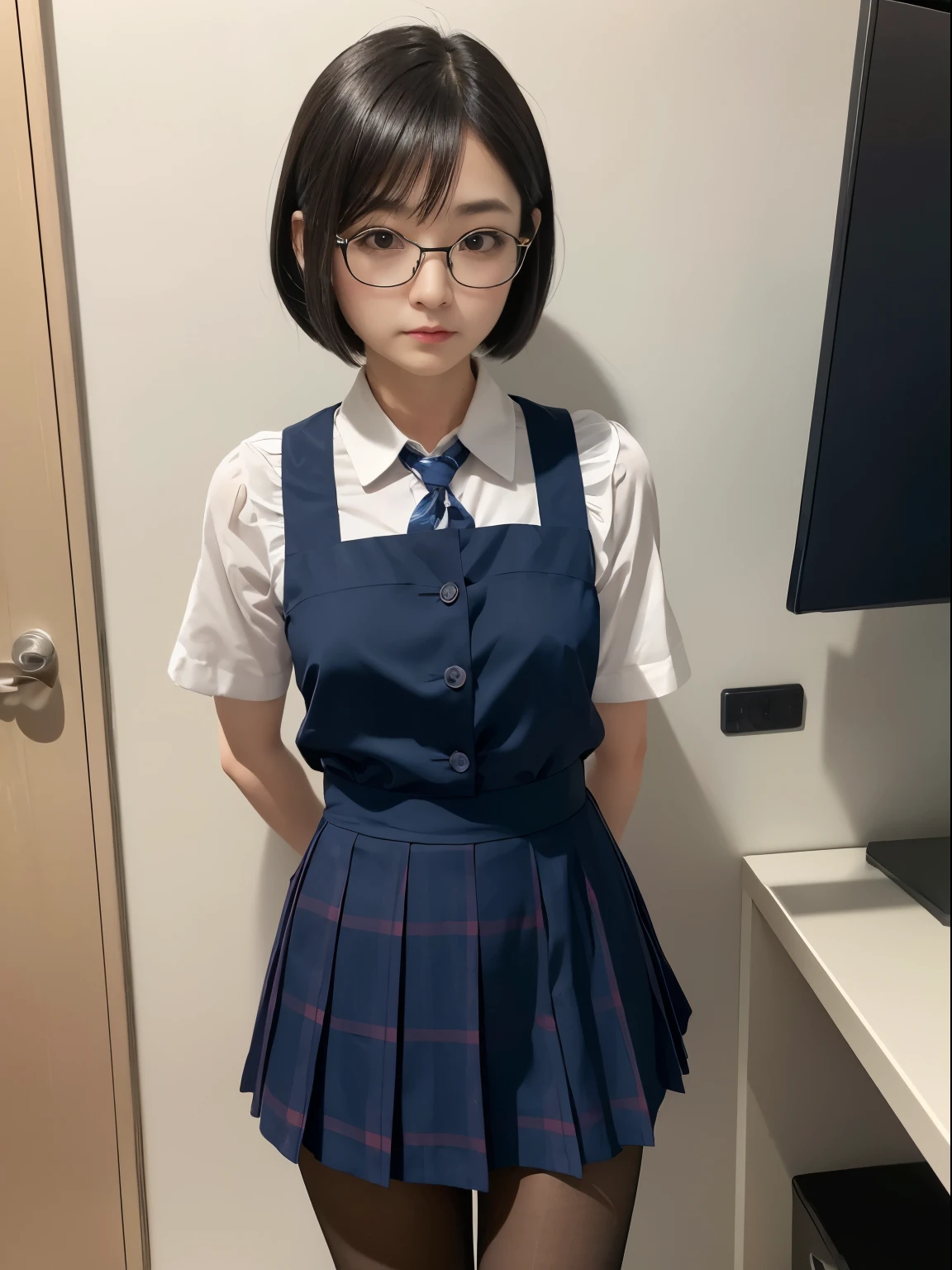 最high quality, 8K, Vibrant, Sharp focus, high quality, High resolution, (high school girl), (whole body), (Very slim and delicate body), Thin and beautiful legs, Thighs, Highly detailed eyes, Thick lips, Plump face, Collared shirt, Navy blue checkered long pleated skirt, Red bow tie, Braid, Glasses, A kind smile, Big Breasts, Erect nipples, Leaning forward,