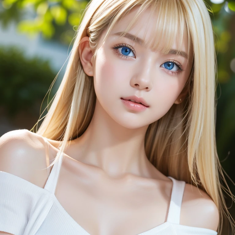 A beautiful blonde with a baby face、1 Girl, Age 19, Solo, Super long straight hair,  huge boobs from afar, Bright expression、 looking at a viewer , (( glossy bright silky blond hair ))、 very beautiful eyes and tousled bangs between nose and eyes 、Very white and shiny skin、Radiant Skin、Gloss Face、 Cheek Gloss Highlights 、Small Face Beauty、Bare shoulders,  jewelry, Full body, ( very detailed 8k wallpaper ),  soft lighting,  high quality, Film Grain,  Fujifilm XT3 Sharp Focus , F 5.6,  high detail,  Tits Sharp Focus ,(Natural light), (Close up:1.2), ( Enchanting Breasts ),  OFF SHOULDER T-SHIRT, Realism,  sexy、 she has beautiful big bright pale blue eyes 、 eyeliner 、Young face、round face、