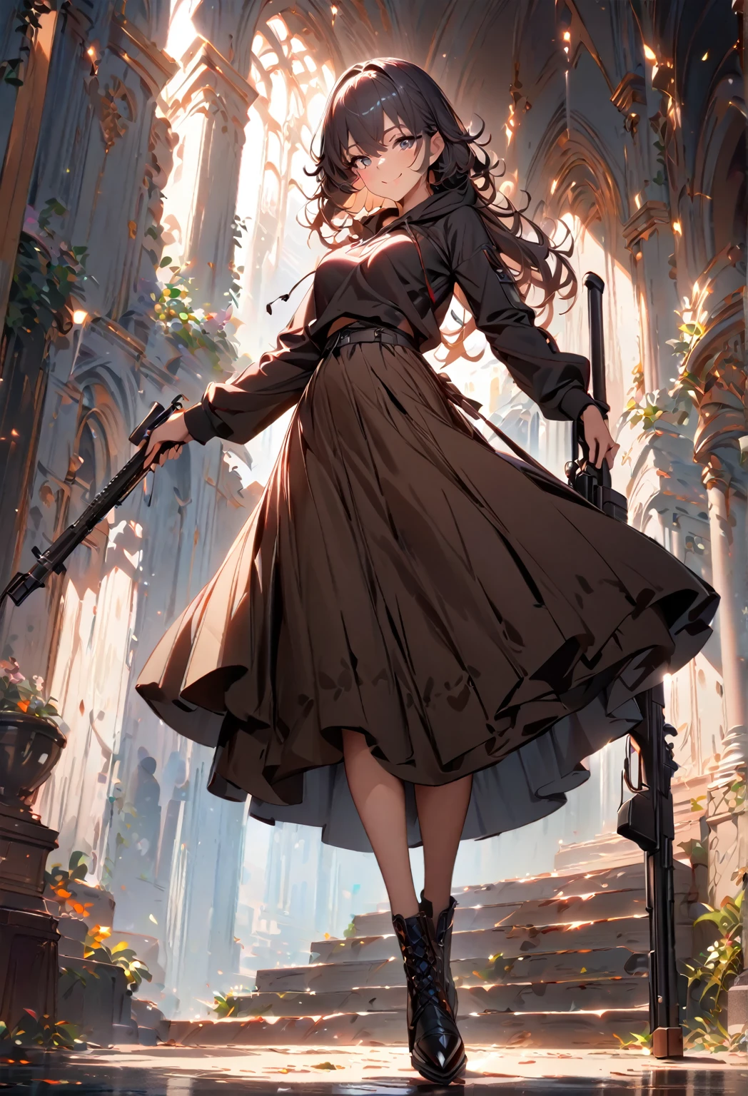 (masterpiece:1.2,  best quality), ( high definition),    1 girl  , Long legs,   hoodies ,  Long Skirt、 standing, smile, Volumetric Lighting, Best Shadow,  shallow depth of field, (  best quality , Amazing Details:1.25),  has a rifle