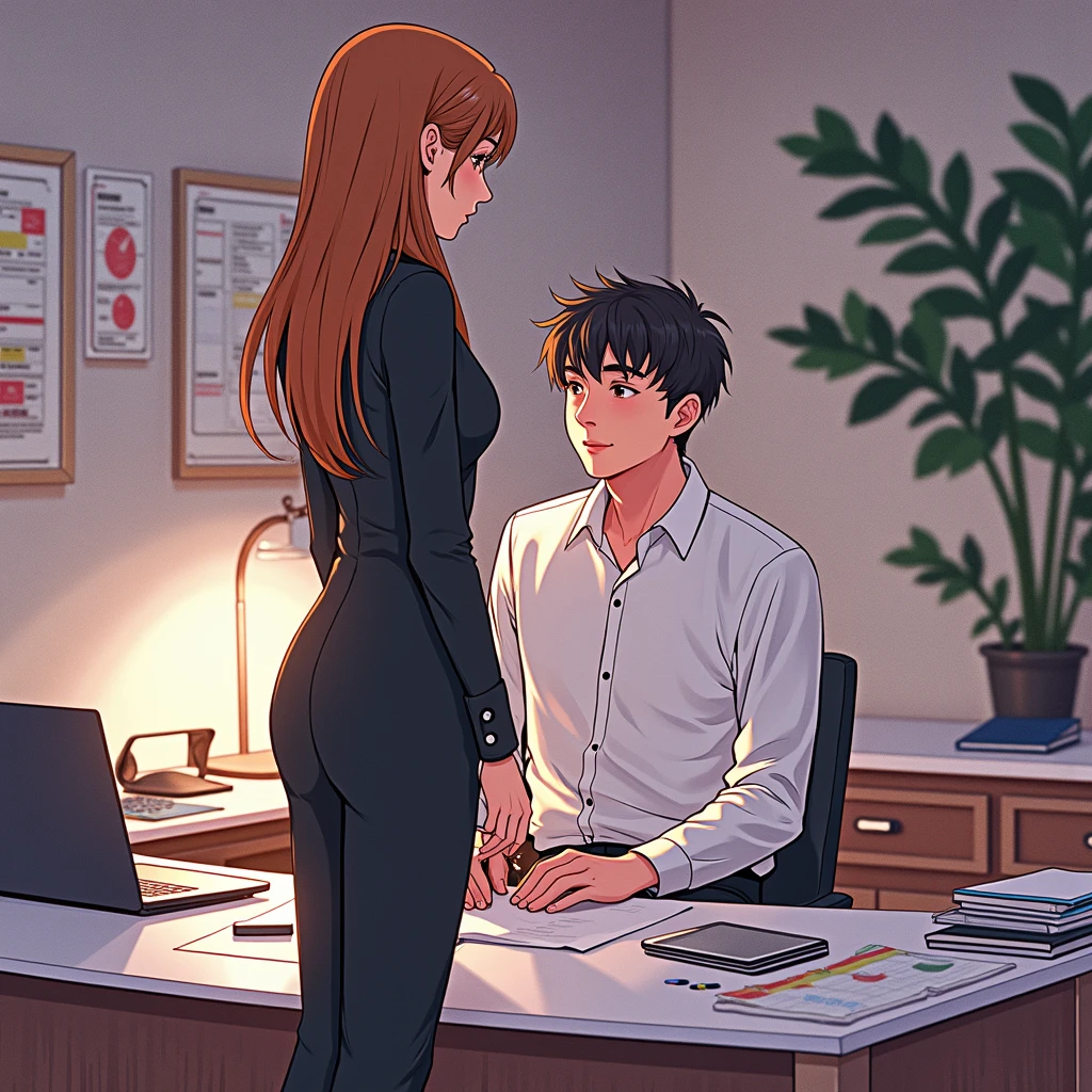 two people, Man in suit and black hair sitting in his office seat. A beautiful woman long orange hair and short orange dress, perfect body, blowjob on her knees showing her ass, undressing, black thong