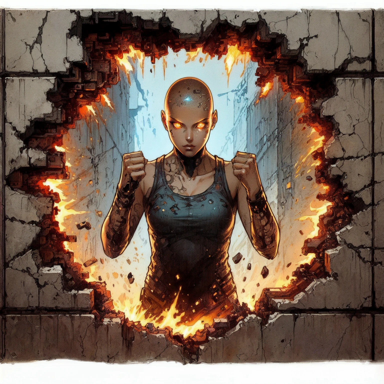 bald girl with glowing orange eyes standing behind a smoldering hole in a concrete wall, inspired by Daryush Shokof, by Daryush Shokof, epic full color illustration, by Galen Dara, inspired by Lucas Graciano, shattering, inspired by Aleksi Briclot, epic comic book style, epic digital art illustration, shadowrun splash art