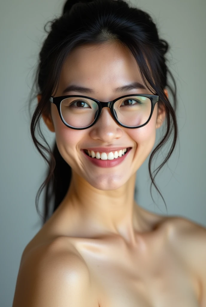40 year old fair skinned Japanese woman。Wearing glasses。Black hair in a slicked-back ponytail。Facing forward。smile。Upper body only。Completely naked。