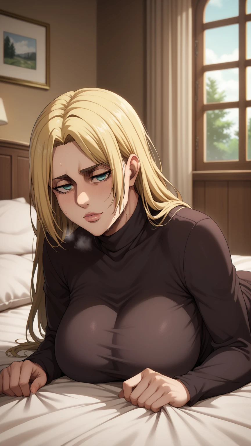 score_9, score_8_up, score_7_up, score_6_up, source_anime, BREAK by ikuchan kaoru, iku, clean color, flat color, hellsing, seras, seras victoria, depressed, bags under eyes, half-closed eyes, standing, pov, front view, looking at viewer, (((kissing viewer))), pov, delinquent, vibrant, flat shading, minimalism, blue eyes, blonde hair, medieval home, indoors, medieval interior, arms behind back, saliva, seductive expression, vampire, fangs, large breasts