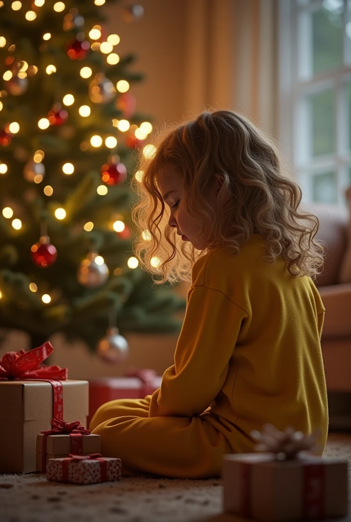 girl decorated all around with three-dimensional flower Christmas in red and gold colors, beautiful and pleasant lighting