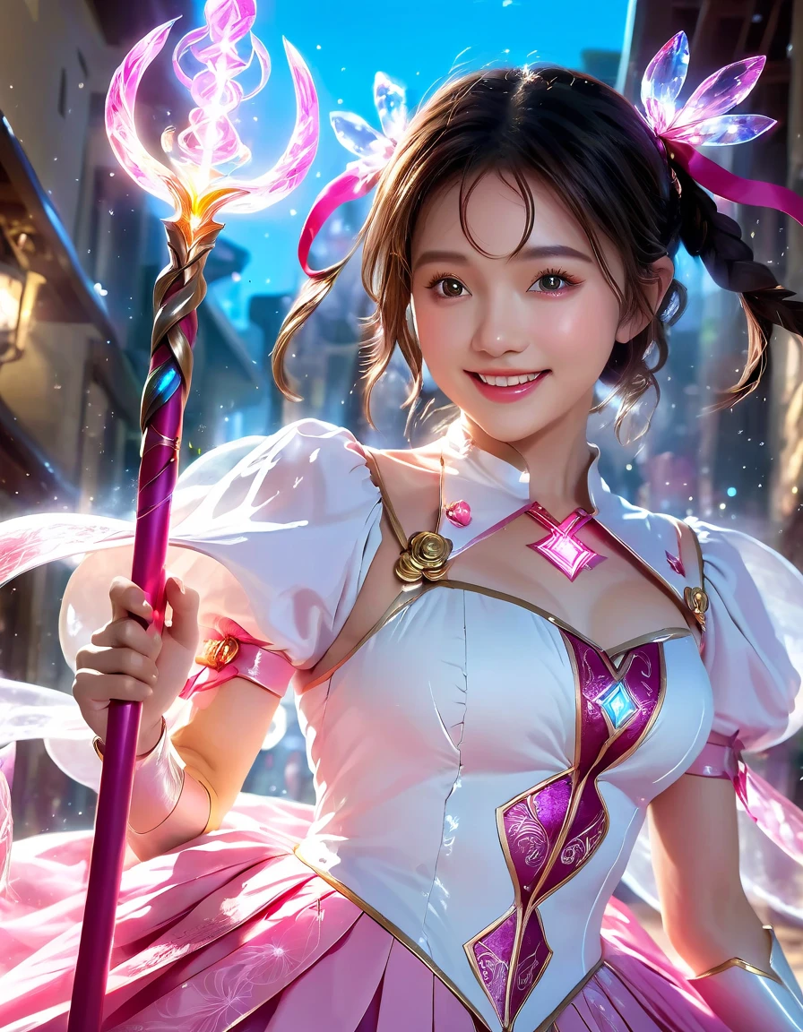 masterpiece,best quality,1girl,solo,smiling,magical_girl,white and pink costume,long magic staff,magical energy,dynamic pose,colorful magic effects,glowing,dramatic lighting,vivid colors,vibrant colors,detailed face,beautiful eyes,beautiful lips,luminous skin,fantasy,digital painting,intricate details,cinematic composition,highly detailed character,ethereal,mysterious,intricate details,ethereal atmosphere,dramatic lighting,cinematic composition,