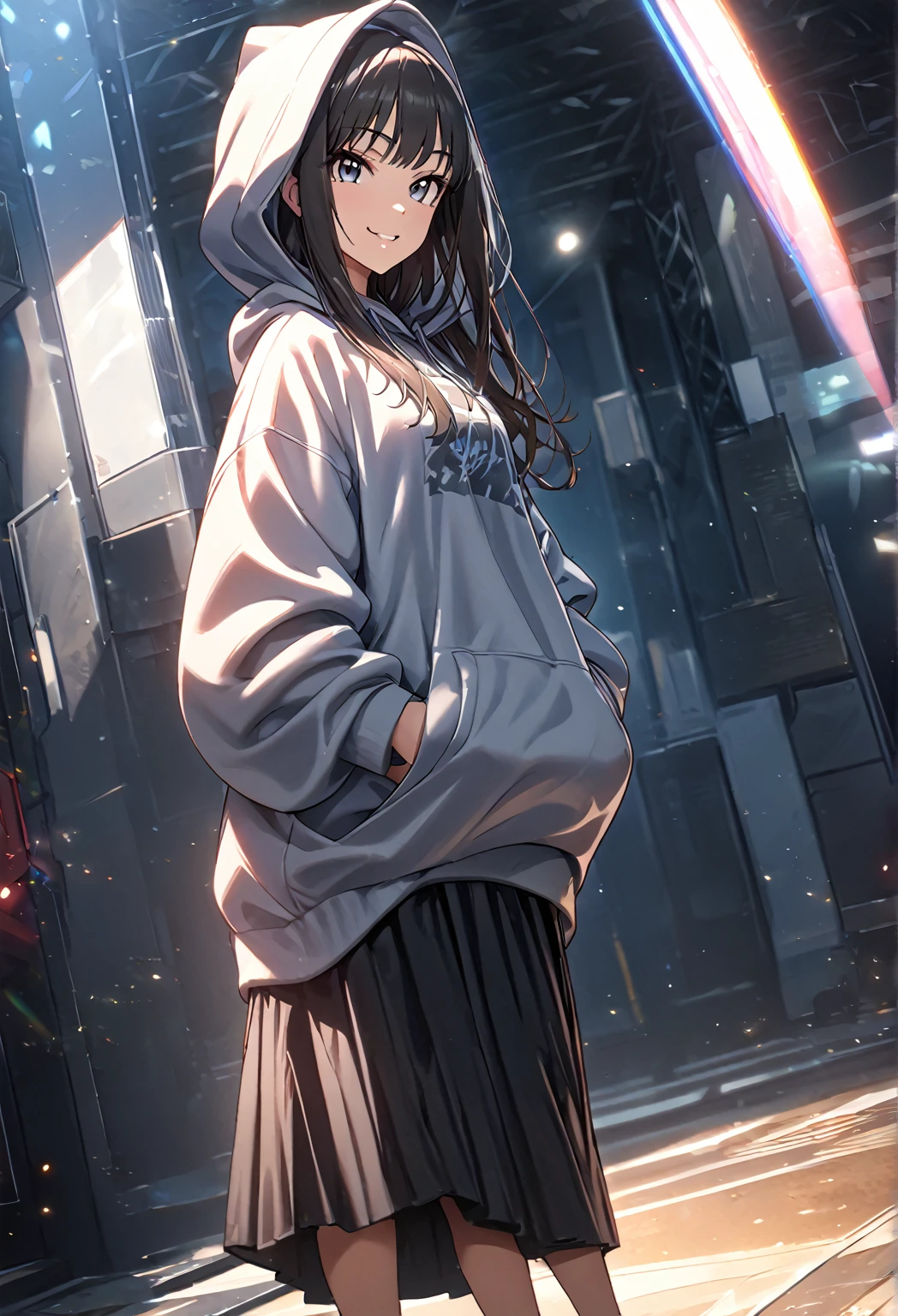 (masterpiece:1.2,  best quality), ( high definition),    1 girl  , Long legs,   oversized hoodie,  Long Skirt、 standing, smile, Volumetric Lighting, Best Shadow,  shallow depth of field, (  best quality , Amazing Details:1.25),  Put Your Hands in Your Pocket , wear a hood 