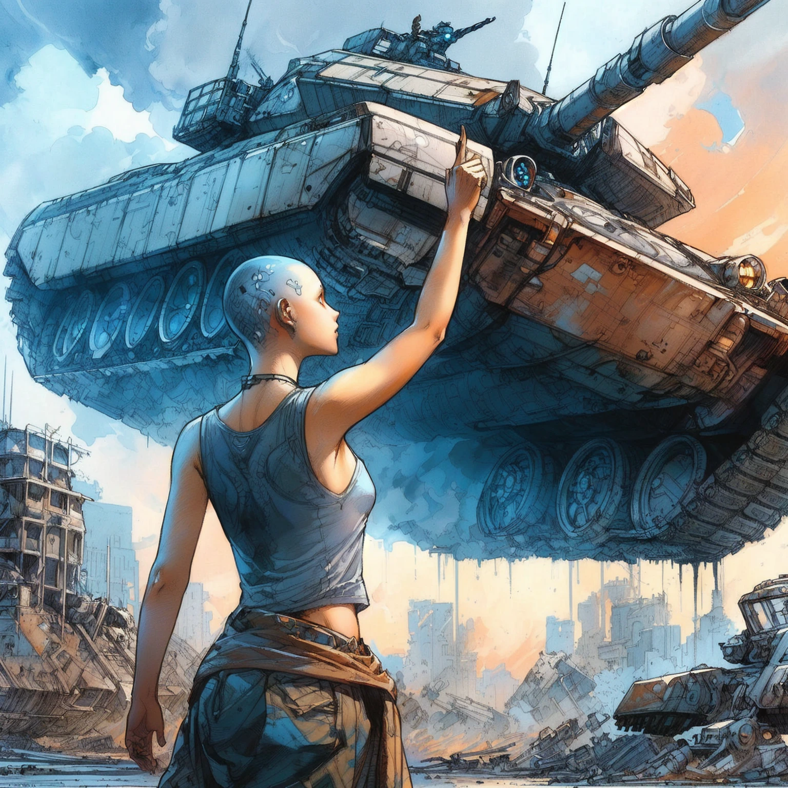 bald girl with orange glowing eyes raising her hand at a levitating tank, alejandro burdisio art, sci-fi illustrations, sci - fi illustrations, by Ludwik Konarzewski, war-art style, enki bilal style, massive tank, standing on mad max panzer tank, epic fantasy sci fi illustration, hybrid human/tank, war art