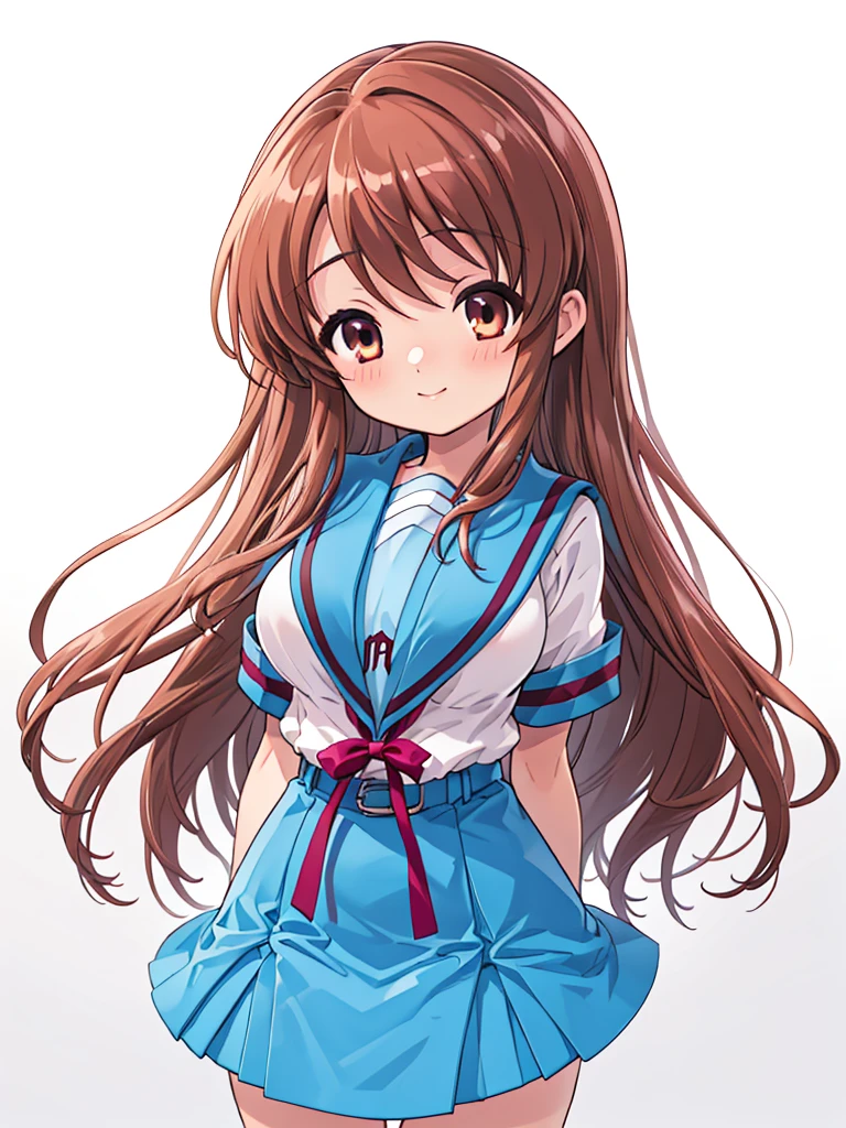 mikuru1, 1girl, asahina mikuru, Smile, long hair, shiny hair, kita high school uniform, solo, blue sailor collar, serafuku, blue skirt, short sleeves, red ribbon, large breasts, arms behind back, Blush, simple background