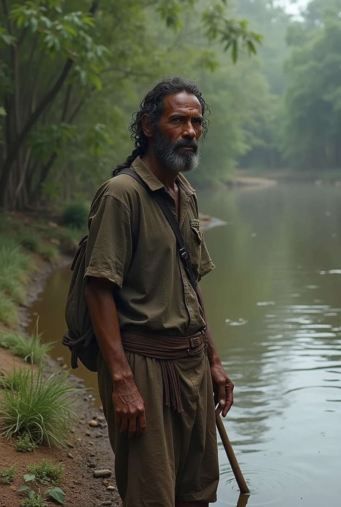 Photorealism 1.4 realistic realism high detailed definition Malaysia native aboriginal orang asli old man curly messy hair crossing river river stream dark skin weaver backpack smile faces jungle big river shirtless accessories on hair leaf wearing short hold stick river stream water level at waist