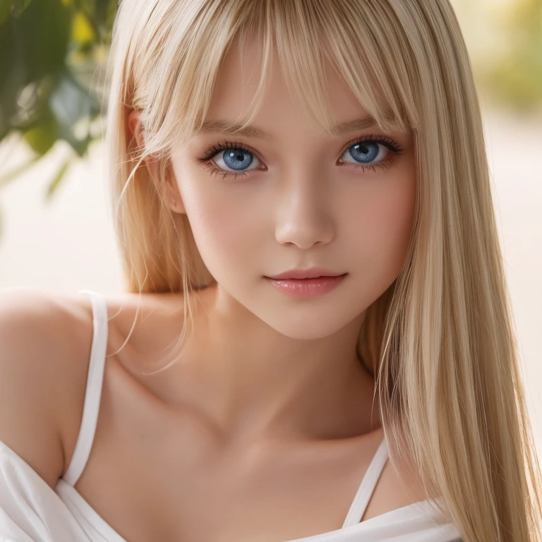 A beautiful Platinum blonde with a baby face、1 Girl, Age 19, Solo, Super long straight hair,  huge boobs from afar, Bright expression、 looking at a viewer , (( glossy bright silky blond hair ))、 very beautiful eyes and tousled bangs between nose and eyes 、Very white and shiny skin、Radiant Skin、Gloss Face、 Cheek Gloss Highlights 、Small Face Beauty、Bare shoulders,  jewelry, Full body, ( very detailed 8k wallpaper ),  soft lighting,  high quality, Film Grain,  Fujifilm XT3 Sharp Focus , F 5.6,  high detail,  Tits Sharp Focus ,(Natural light), (Close up:1.2), ( Enchanting Breasts ),  OFF SHOULDER T-SHIRT, Realism,  sexy、 she has beautiful big bright pale blue eyes 、 eyeliner 、Young face、round face、