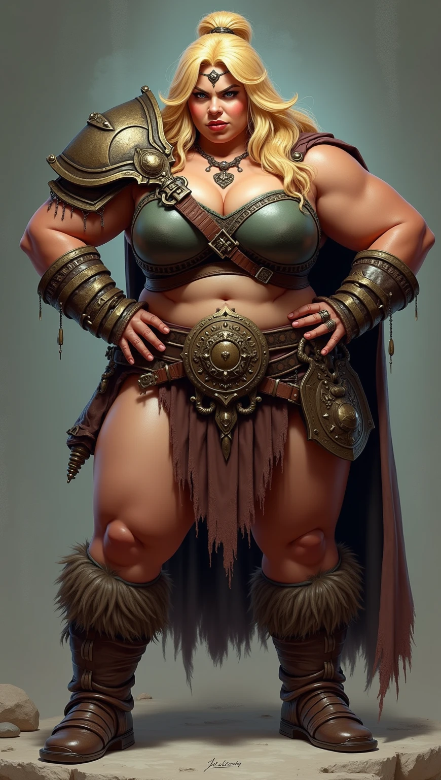 masterpiece, highly-detailed, hyper realistic, full-body shot of a beautiful mature short dwarf female blacksmith holding a massive hammer, perfect face features, thick kissable parted lips, expressive glowing green eyes with seductive look, long braided ginger hair, , perfect curvy and fit body shape, small size body, short dwarf
