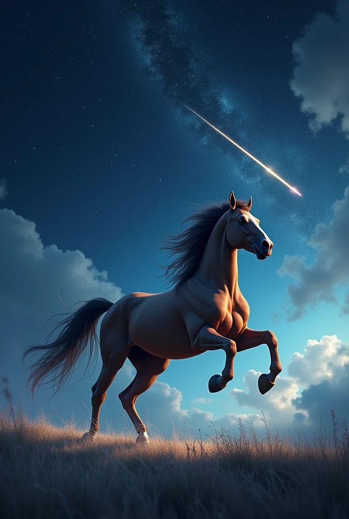 An alien black horse flying in outer space. Behind it is dark energy.