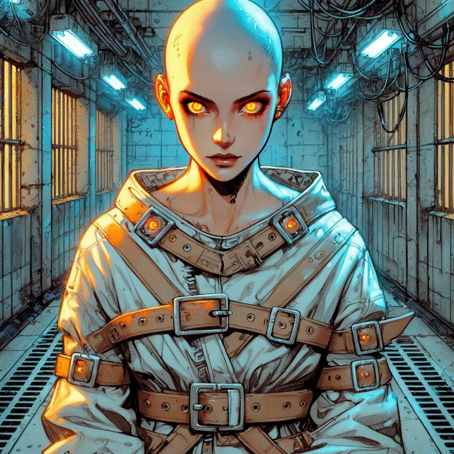 bald girl with orange glowing eyes in a straitjacket, metabaron, beautiful female neuromancer, molly from the novel neuromancer, molly from neuromancer, greg beeple, female doc savage, edgy adventure sci fi, as illustrated in top cow comics, dystopian sci-fi character, epic full color illustration, a teen cyberpunk cyborg