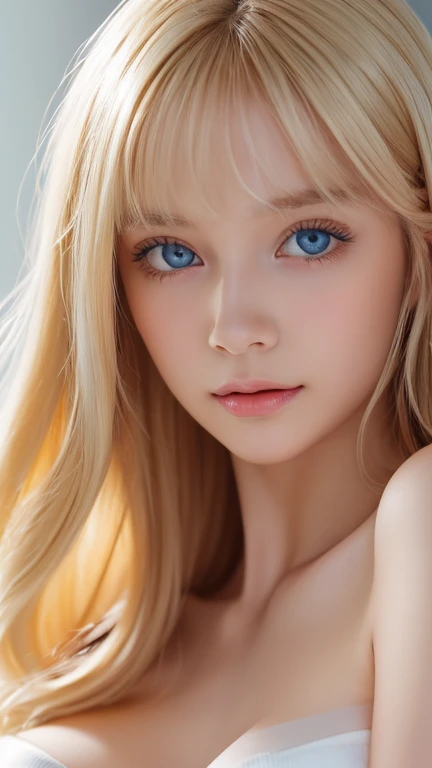 A beautiful Platinum blonde with a 、1 Girl, Age 19, S, Super long straight hair,  huge boobs from afar, Bright expression、 looking at a viewer , (( glossy bright silky blond hair ))、 very beautiful eyes and tousled bangs between nose and eyes 、Very white and shiny skin、Radiant Skin、Gloss Face、 Cheek Gloss Highlights 、Small Face Beauty、Bare shoulders,  jewelry, Full body, ( very detailed 8k wallpaper ),  soft lighting,  high quality, Film Grain,  Fujifilm XT3 Sharp Focus , F 5.6,  high detail,  Tits Sharp Focus ,(Natural light), (Close up:1.2), ( Enchanting Breasts ),  OFF SHOULDER T-SHIRT, Realism,  sexy、 she has beautiful big bright pale blue eyes 、 eyeliner 、Young face、round face、