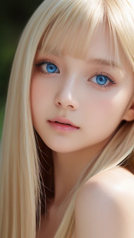 A beautiful Platinum blonde with a baby face、1 Girl, Age 19, Solo, Super long straight hair,  huge boobs from afar, Bright expression、 looking at a viewer , (( glossy bright silky blond hair ))、 very beautiful eyes and tousled bangs between nose and eyes 、Very white and shiny skin、Radiant Skin、Gloss Face、 Cheek Gloss Highlights 、Small Face Beauty、Bare shoulders,  jewelry, Full body, ( very detailed 8k wallpaper ),  soft lighting,  high quality, Film Grain,  Fujifilm XT3 Sharp Focus , F 5.6,  high detail,  Tits Sharp Focus ,(Natural light), (Close up:1.2), ( Enchanting Breasts ),  OFF SHOULDER T-SHIRT, Realism,  sexy、 she has beautiful big bright pale blue eyes 、 eyeliner 、Young face、round face、