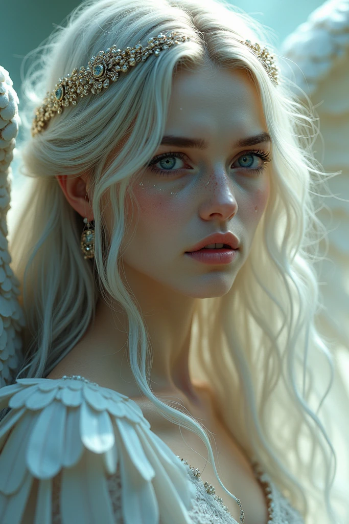 elegant beautiful woman, half angel half demon, full body, extremely detailed, delicate skin, sharply defined facial features, piercing eyes, sensual lips, long flowing hair, intricate angelic wings, horns, detailed intricate costume, dramatic lighting, dark moody atmosphere, chiaroscuro lighting, rich saturated colors, cinematic composition, photorealistic quality, (best quality,8k,8k,highres,masterpiece:1.2),ultra-detailed,(realistic,photorealistic,photo-realistic:1.37),porcelain skin,long eyelashes,sharp cheekbones,pale complexion,dramatic shadows and highlights,cinematic lighting,dramatic pose,powerful gaze,ethereal presence,dark fantasy,gothic,dramatic