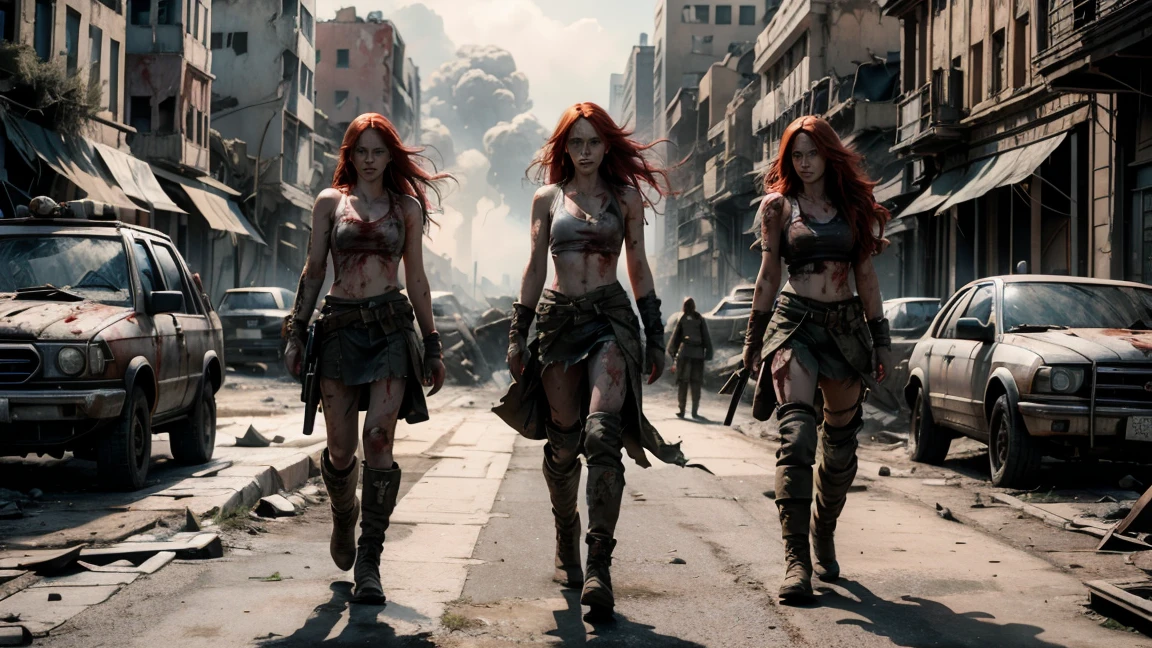 Three pale skinned red-haired women with very long hair stumbles through the streets of a ruined city with tattered and torn tank tops, and bleeding gunshot wounds, automatic rifles, full of mud, blood, and wounds, and wearing a torn skirt. Explosions and fires ravaged the devastated city everywhere.