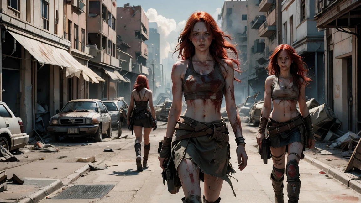 Three pale skinned red-haired women with very long hair stumbles through the streets of a ruined city with tattered and torn tank tops, and bleeding gunshot wounds, automatic rifles, full of mud, blood, and wounds, and wearing a torn skirt. Explosions and fires ravaged the devastated city everywhere.