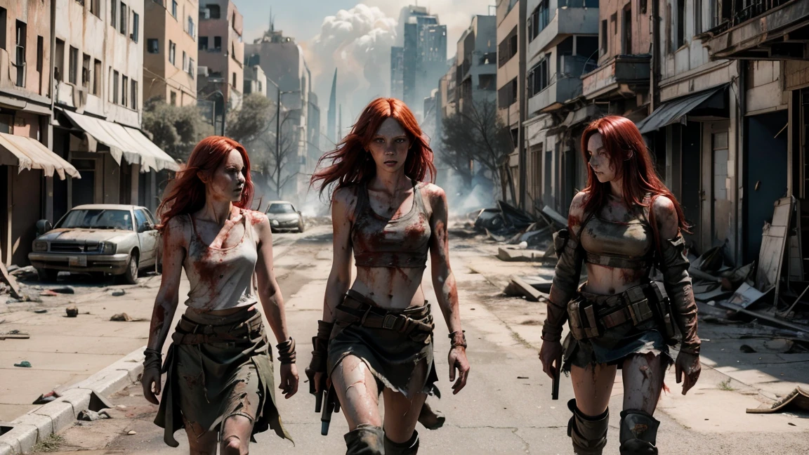 Three pale skinned red-haired women with very long hair stumbles through the streets of a ruined city with tattered and torn tank tops, and bleeding gunshot wounds, automatic rifles, full of mud, blood, and wounds, and wearing a torn skirt. Explosions and fires ravaged the devastated city everywhere.