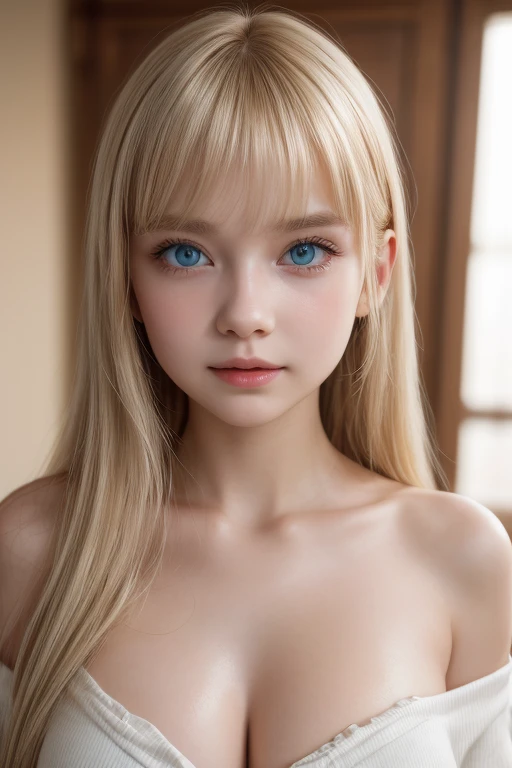 A beautiful Platinum blonde with a baby face、1 Girl, Age 19, Solo, Super long straight hair,  huge boobs from afar, Bright expression、 looking at a viewer , (( glossy bright silky blond hair ))、 very beautiful eyes and tousled bangs between nose and eyes 、Very white and shiny skin、Radiant Skin、Gloss Face、 Cheek Gloss Highlights 、Small Face Beauty、Bare shoulders,  jewelry, Full body, ( very detailed 8k wallpaper ),  soft lighting,  high quality, Film Grain,  Fujifilm XT3 Sharp Focus , F 5.6,  high detail,  Tits Sharp Focus ,(Natural light), (Close up:1.2), ( Enchanting Breasts ),  OFF SHOULDER T-SHIRT, Realism,  sexy、 she has beautiful big bright pale blue eyes 、 eyeliner 、Young face、round face、