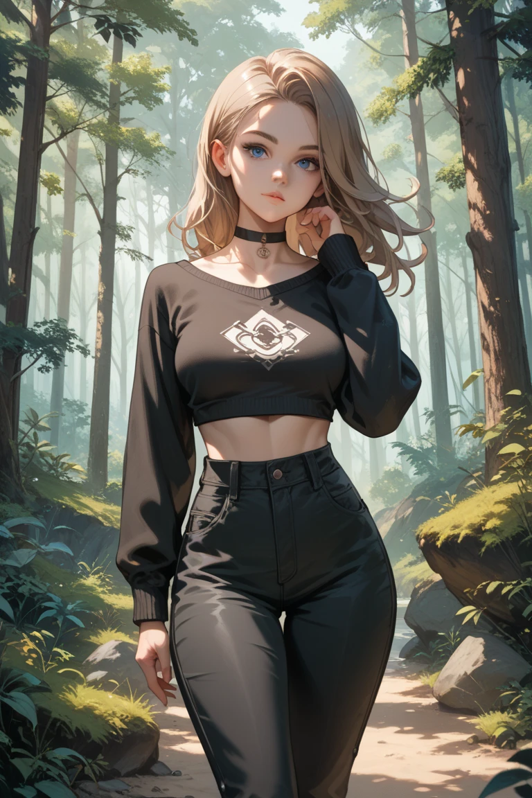 1girl, white woman, long sandy brown wild hair, blue eyes, petite build, thin hips, long sleeve black sweater, medium breasts, black cargo pants, standing in forest, spellcaster stance, emotionless face, Black choker