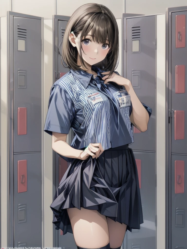 nsfw , anegasaki nene ,  (((highres official art))) , (((Anime Pinups))) , (((1girl))) , (((solo))) , (((a little lighter brown hair))) ,(((name holder))),  best quality, highres,  lawson uniform,大きな胸, employee uniform, shirt, name tag, short sleeves, striped shirt, striped, vertical-striped shirt, blue shirt, vertical stripes, alternate costume , (((lift skirt))), (((skirt hold))) , (((locker room)))