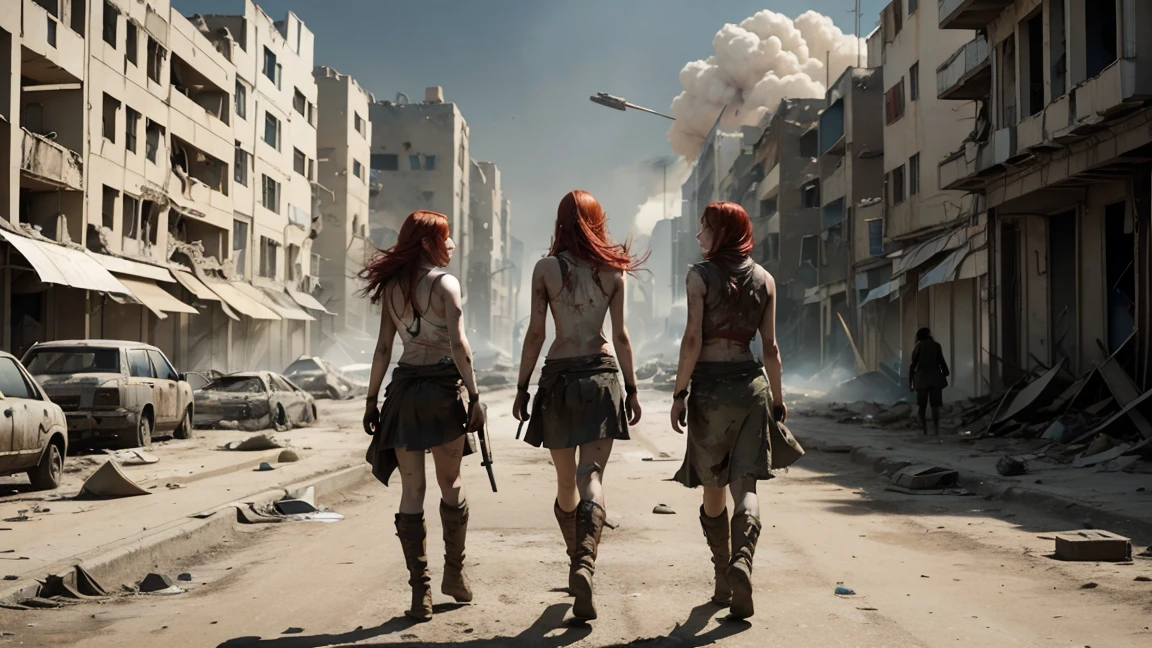 Three pale skinned red-haired women with very long hair stumbles through the streets of a ruined city with tattered and torn tank tops, and bleeding gunshot wounds, automatic rifles, full of mud, blood, and wounds, and wearing a torn skirt. Explosions and fires ravaged the devastated city everywhere.