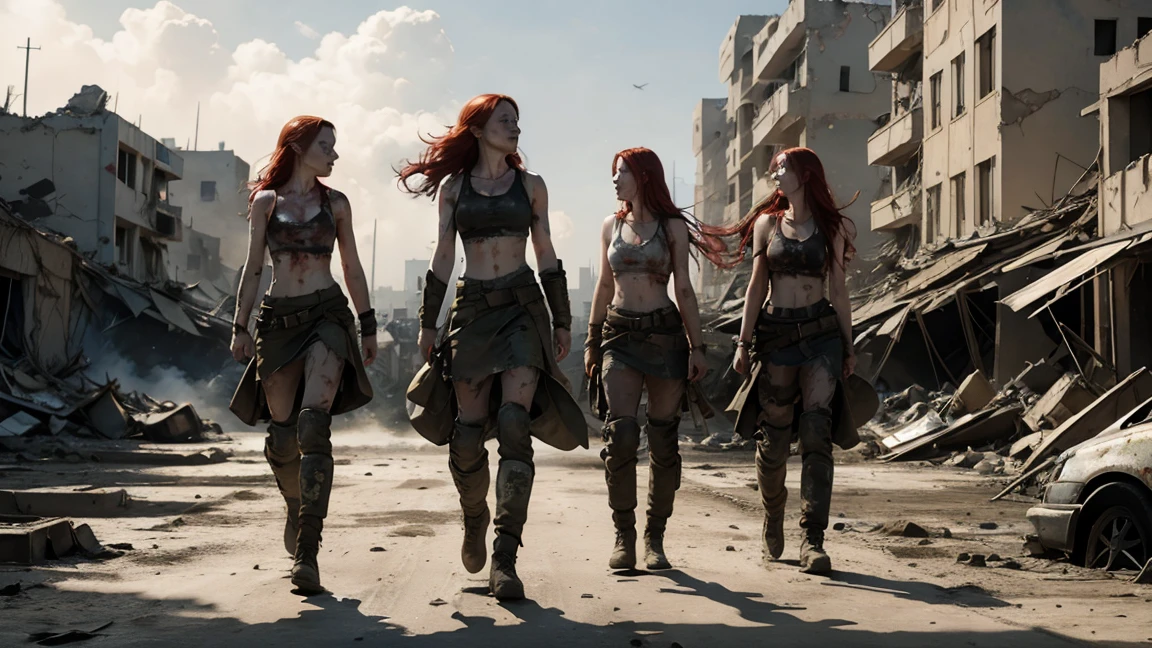 Three pale skinned red-haired women with very long hair stumbles through the streets of a ruined city with tattered and torn tank tops, and bleeding gunshot wounds, automatic rifles, full of mud, blood, and wounds, and wearing a torn skirt. Explosions and fires ravaged the devastated city everywhere.