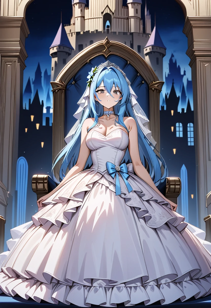 di ya,1girl,dress,wedding dress,solo,flower,smile,veil,hair flower,jewelry,earrings,white dress,bride,purple hair,looking at viewer,<lora:di ya_ç¬äº:0.8>,big boobs,blue sky,cloudy sky,arms behind back,the girl stood smiling on the steps in front of the white church gate,, (masterpiece), (best quality), HDR, intricate detail,