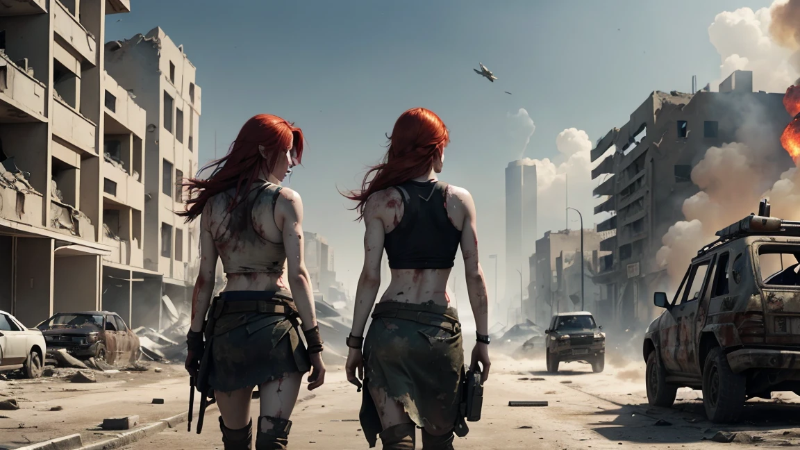 Three pale skinned red-haired women with very long hair stumbles through the streets of a ruined city with tattered and torn tank tops, and bleeding gunshot wounds, automatic rifles, full of mud, blood, and wounds, and wearing a torn skirt. Explosions and fires ravaged the devastated city everywhere.