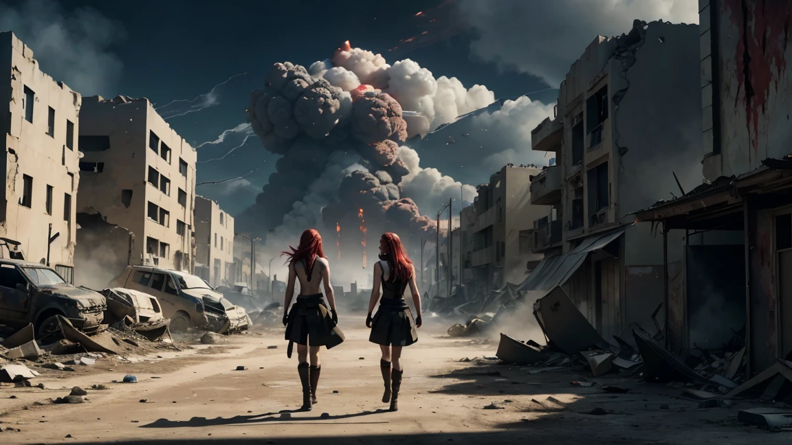 Three pale skinned red-haired women with very long hair stumbles through the streets of a ruined city with tattered and torn tank tops, and bleeding gunshot wounds, automatic rifles, full of mud, blood, and wounds, and wearing a torn skirt. Explosions and fires ravaged the devastated city everywhere.