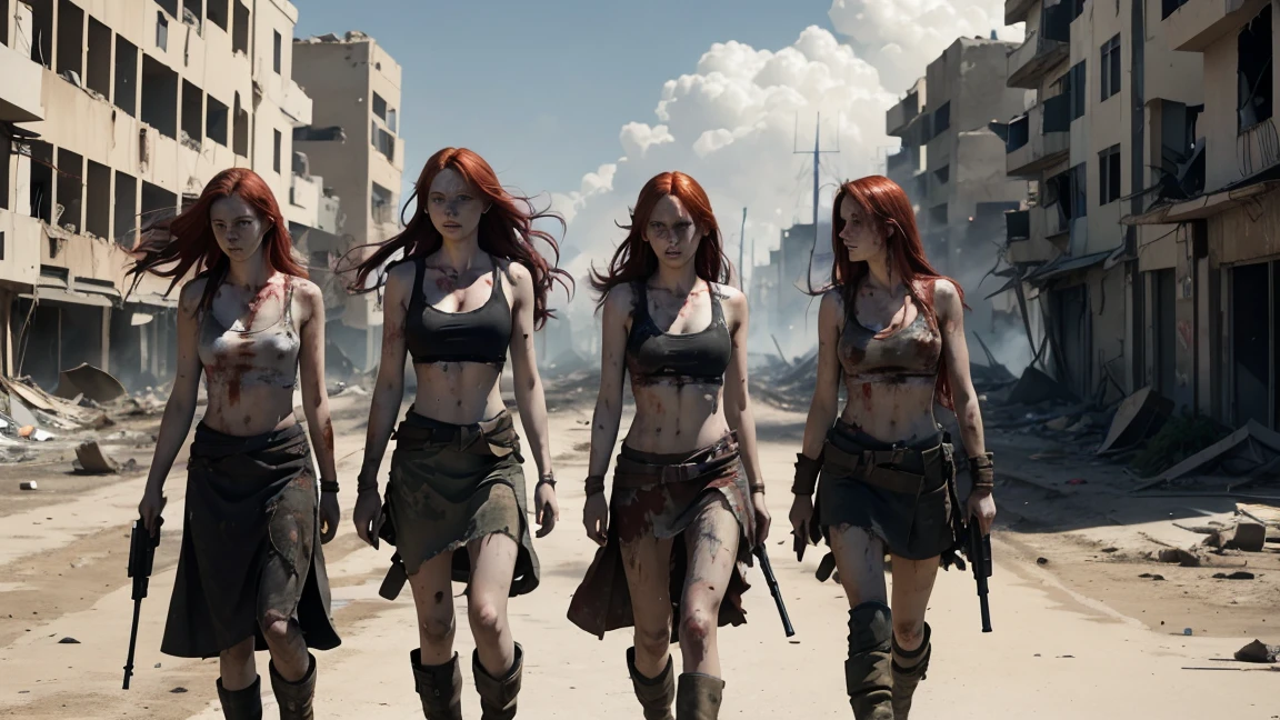 Three pale skinned red-haired women with very long hair stumbles through the streets of a ruined city with tattered and torn tank tops, and bleeding gunshot wounds, automatic rifles, full of mud, blood, and wounds, and wearing a torn skirt. Explosions and fires ravaged the devastated city everywhere.