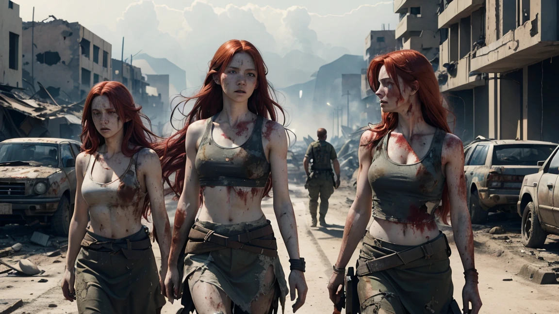 Three pale skinned red-haired women with very long hair stumbles through the streets of a ruined city with tattered and torn tank tops, and bleeding gunshot wounds, automatic rifles, full of mud, blood, and wounds, and wearing a torn skirt. Explosions and fires ravaged the devastated city everywhere.