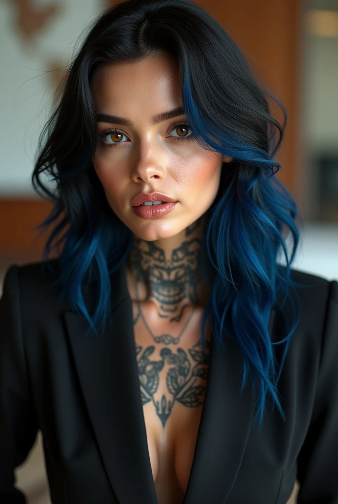 (masterpiece, best quality, photorealistic realistic, 1 women, black bra, blue hair, shiny brown eyes, cleavage, thin eyebrows, eyelashes, lace, licking lips, lingerie, lipstick, long hair, looking at viewer, makeup, nose, open mouth, orange background, red lips, single, tongue out, upper body, arm tattoo, blurred background, close up, chest tattoo, depth of field, makeup, motion blur, shoulder tattoo, tattoo