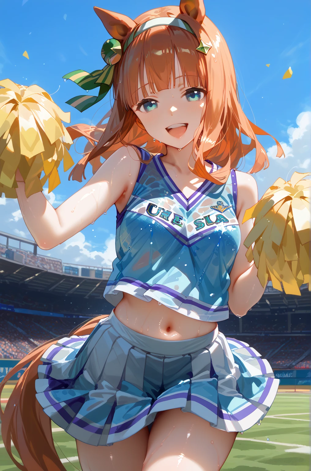 1 girl, solo, silence suzuka \(umamusume\), cheerleader, pom pom \(cheerleading\), pleated skirt, best quality, laugh, good anatomy, masterpiece, shiny, shiny skin, shiny outfit, wet clothes, wet skin, dynamic pose