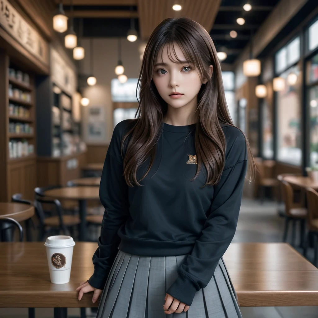 masterpiece,best quality,1girl,solo,pensive look,brown hair,long hair,straight hair,black sweatshirt, gray miniskirt, pleated skirt,white sneakers,perfect body,dynamic pose,coffee shop, detailed face,beautiful eyes,beautiful lips,luminous skin,fantasy,intricate details,cinematic composition,highly detailed character,face focus,cowboy shot