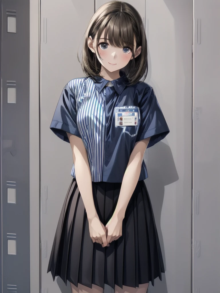 nsfw , my grandmother ,  ((( highres icon official art))) , (((Anime Pinups))) , (((1girl))) , (((Alone))) , (((a little lighter brown hair))) ,(((name holder))),  best quality,  highres icon,  lawson uniform, Big Breasts , employee uniform, shirt, Name tag, short sleeves, striped shirt, striped, vertical-striped shirt, blue shirt, vertical stripes, alternate costume ,((( anatomically accurate body ))), (((lift skirt))), (((skirt hold))) , (((locker room)))