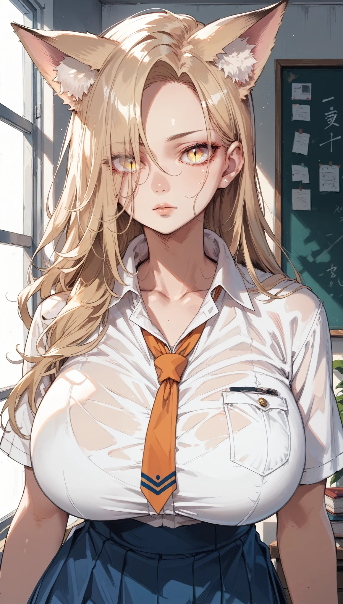 Cold Stare,(hi-quality,high resolution),(Fox Ears),(forehead,long hair over one eye,cat eye),((((long slit eyes)))),((side parted hair)),((oblong face)),((huge breasts)),(((very narrow eyes)))((,Clear Eyes,Perfect Eyes,clear lines)),Blonde,Long Hair,Old room,Magic School Uniform,Delinquent Girl,gal,mini skirt, clothes are exposed,((anime)),cowboy shot