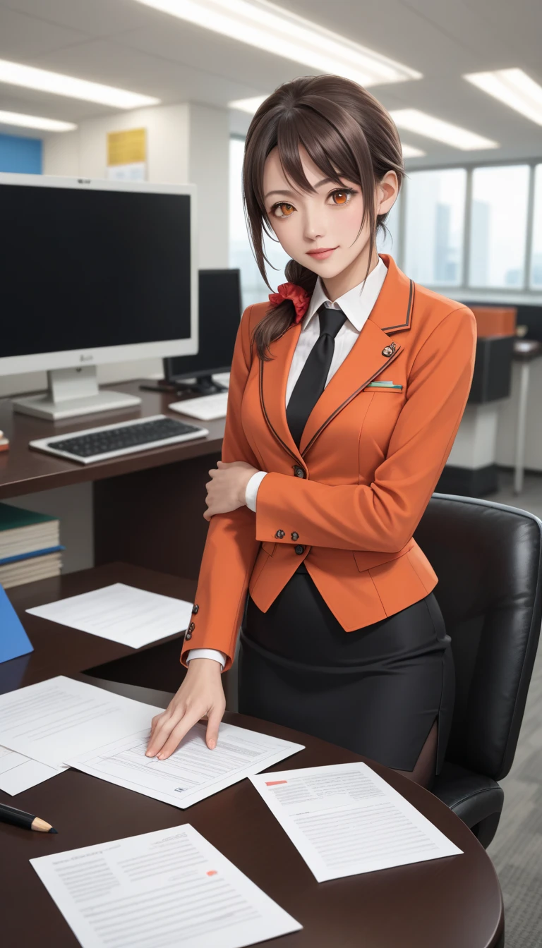  score_9,  score_8_up,  score_7_up,  source_Anime,  best quality, masterpiece,  office, human, Alone,  Chihiro River , Coschihi ,  brown hair,  orange eyes,  Side Blade ,  red scrunchies, Red Jacket,  black pantyhose,  black pencil skirt , black tie,  three-piece suit ,  blazer, Waistcoat,  double breasted suit jacket