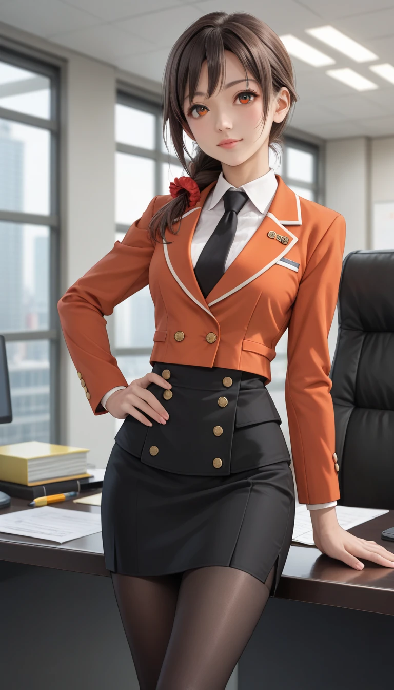  score_9,  score_8_up,  score_7_up,  source_Anime,  best quality, masterpiece,  office, human, Alone,  Chihiro River , Coschihi ,  brown hair,  orange eyes,  Side Blade ,  red scrunchies, Red Jacket,  black pantyhose,  black pencil skirt , black tie,  three-piece suit ,  blazer, Waistcoat,  double breasted suit jacket