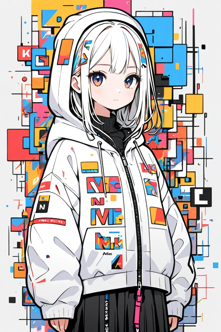 Ultra-realistic hooded collar style, Simple line acronym abstract art, stylish design, (((Background is discarded))), Street Style, The most beautiful girl ever, playing with ヒヨコ