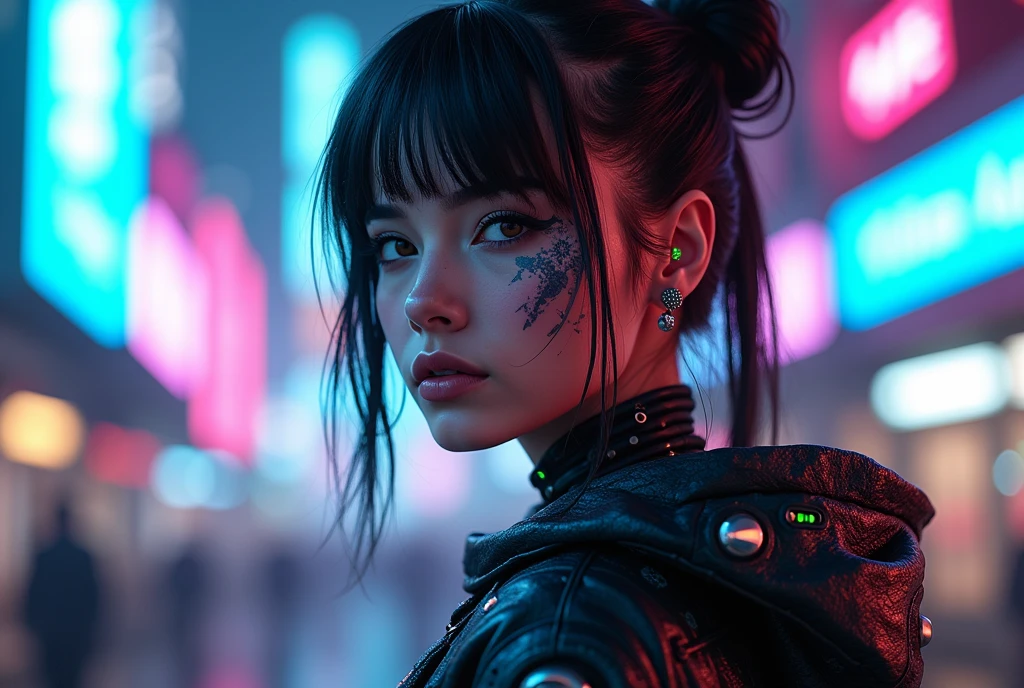 A photorealistic portrait of a fictional sci-fi cyberpunk girl - SeaArt AI