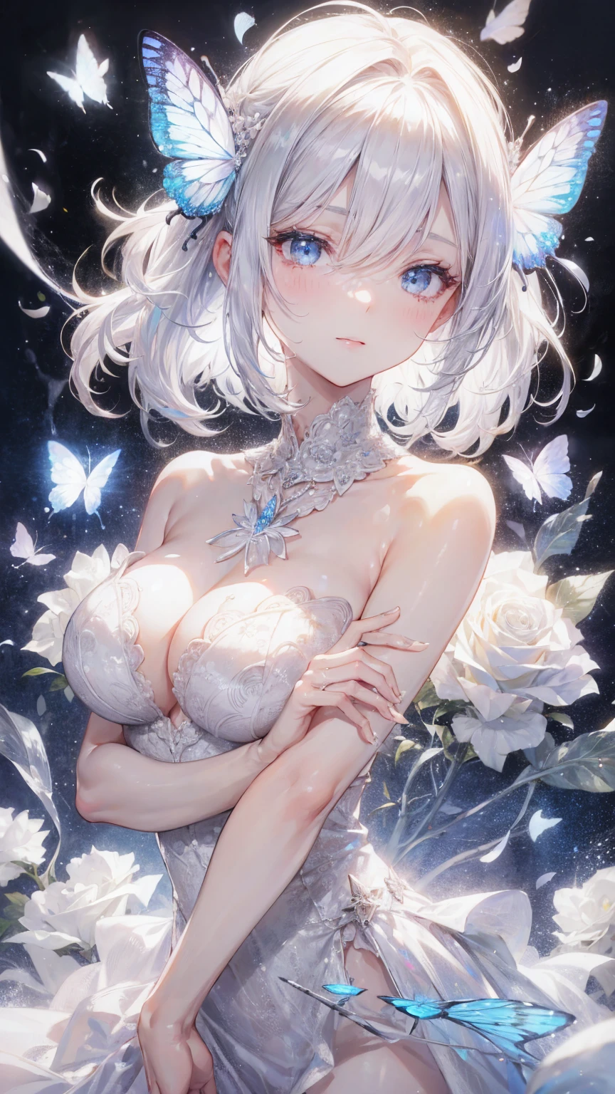 silber hair,butterflys,long whitr hair,white wedding gown,8k wallpaper,detailedbackground,Highest high resolution,deep v big breasts,Hair covers one eye,Bandeau wedding dress,chies,White rose,tight-fitting,chies,In the daytime,