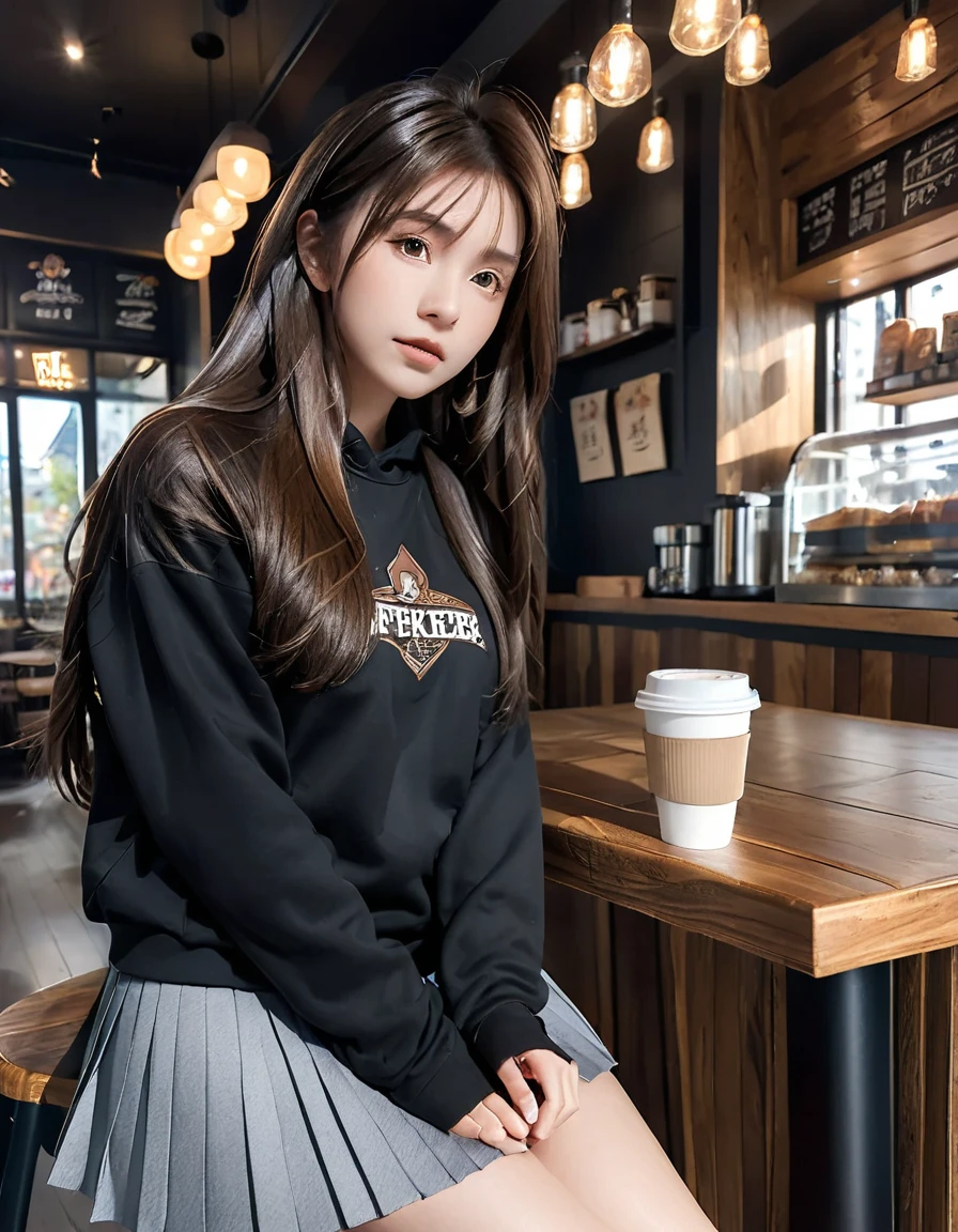 masterpiece,best quality,1girl,solo,pensive look,brown hair,long hair,straight hair,black sweatshirt, gray miniskirt, pleated skirt,white sneakers,perfect body,dynamic pose,coffee shop, detailed face,intricate details,cinematic composition,face focus,cowboy shot